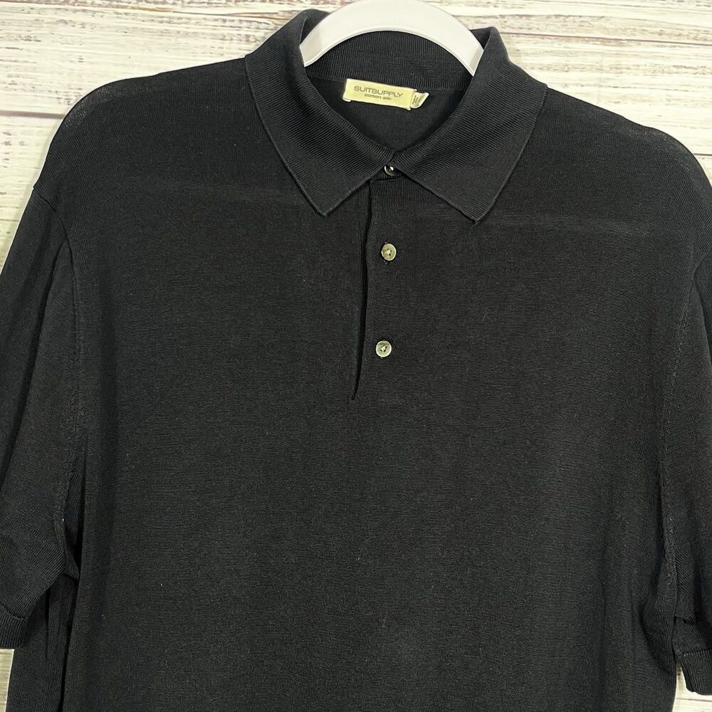 Suitsupply Shirt Silk Cotton Polo Men's XL Black Short Sleeve Casual Luxury Knit
